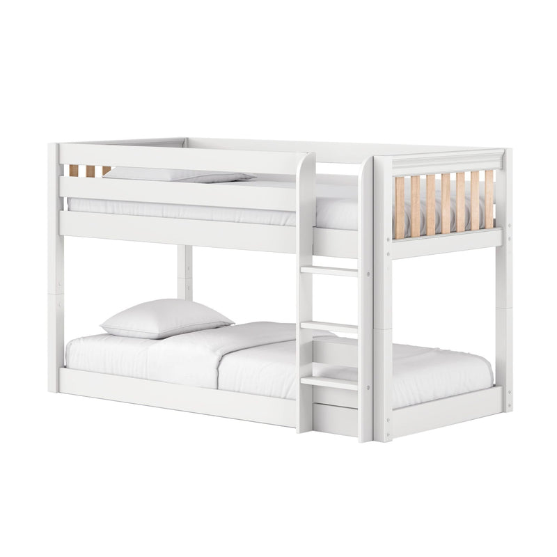White wooden loft bunk bed with ladder, twin-over-full mattresses, natural wood slat accents and white bedding — space-saving kids bedroom furniture