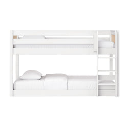 White wooden loft-style bunk bed with ladder and safety rails, space-saving modern kids' bedroom furniture with white bedding