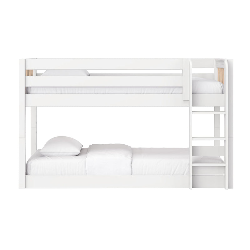 White wooden loft-style bunk bed with ladder and safety rails, space-saving modern kids' bedroom furniture with white bedding