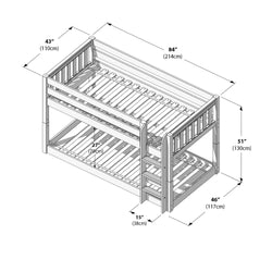 Wooden bunk bed dimensions diagram showing slatted mattress supports, built‑in ladder and guardrails with measurements labelled in inches and cm (overall 84" length × 43" width × 51" height)