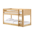 Natural maple solid wood twin-over-full bunk bed with built-in ladder, guardrails and white bedding — space-saving kids' bedroom furniture