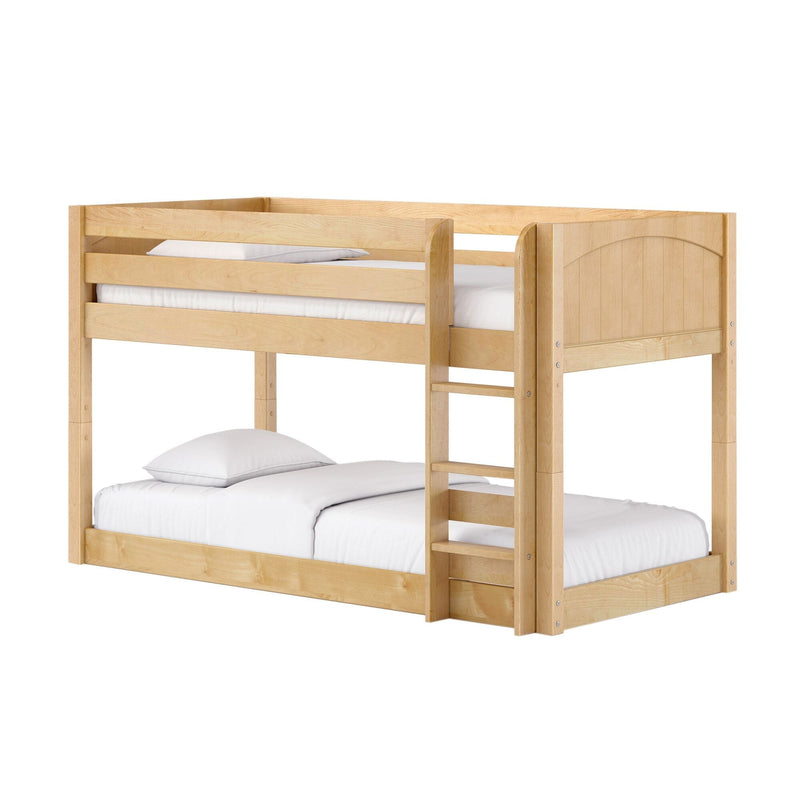 Natural maple solid wood twin-over-full bunk bed with built-in ladder, guardrails and white bedding — space-saving kids' bedroom furniture