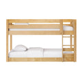 Natural maple solid wood bunk bed with built-in ladder and white bedding, space-saving modern bedroom furniture