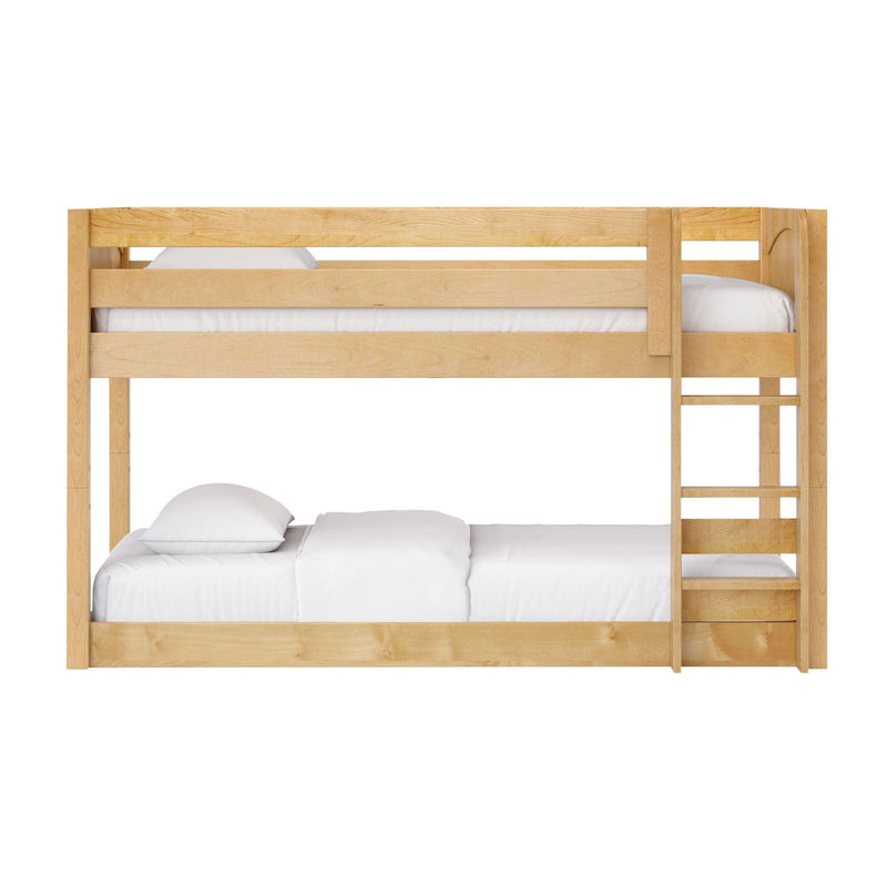 Natural maple solid wood bunk bed with built-in ladder and white bedding, space-saving modern bedroom furniture