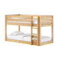 Natural maple solid wood twin-over-twin bunk bed with ladder and guardrails, white bedding for kids' bedroom