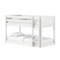 White wooden twin-over-full bunk bed with ladder, guardrails and arched panel headboard, white bedding — kids' loft bed