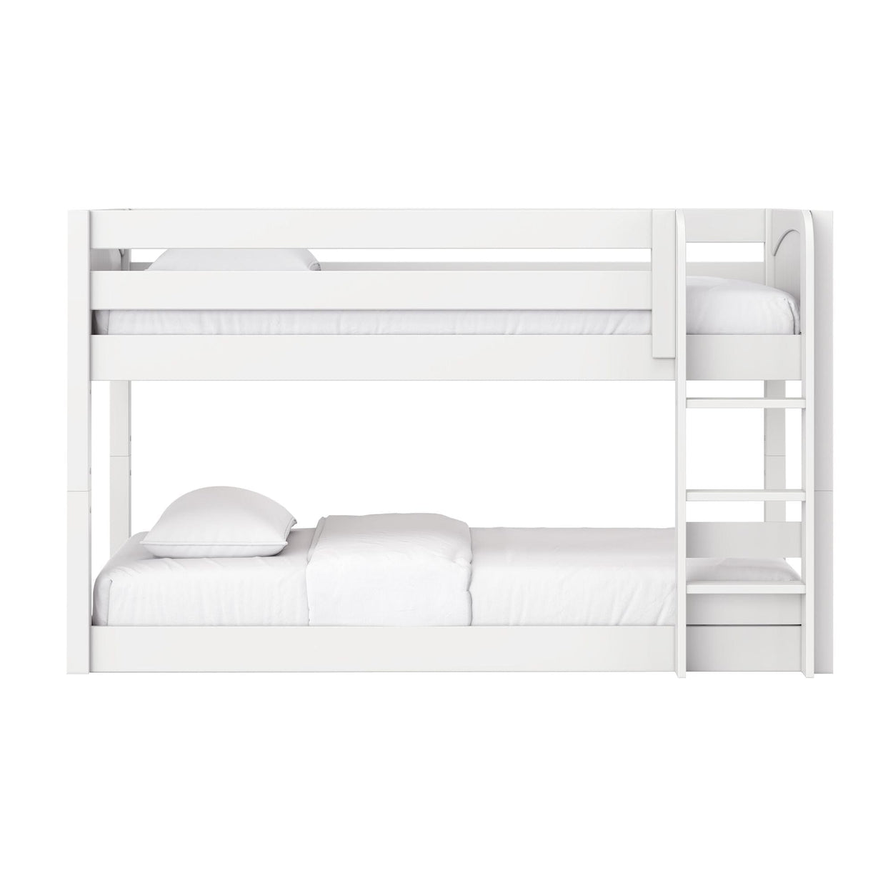 White wooden twin-over-full bunk bed with ladder and safety rails, minimalist white bedding