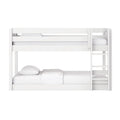 White wooden twin-over-full bunk bed with ladder and safety rails, minimalist white bedding