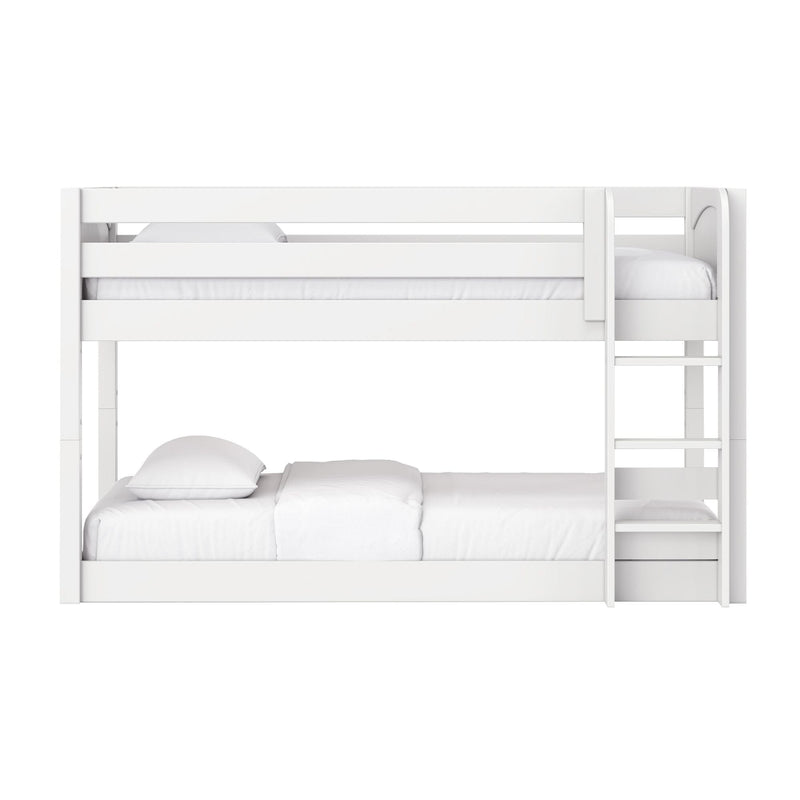 White wooden twin-over-full bunk bed with ladder and safety rails, minimalist white bedding