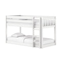 White wooden loft bunk bed with ladder and guardrails, twin-over-full space-saving kids bed with crisp white bedding and modern style