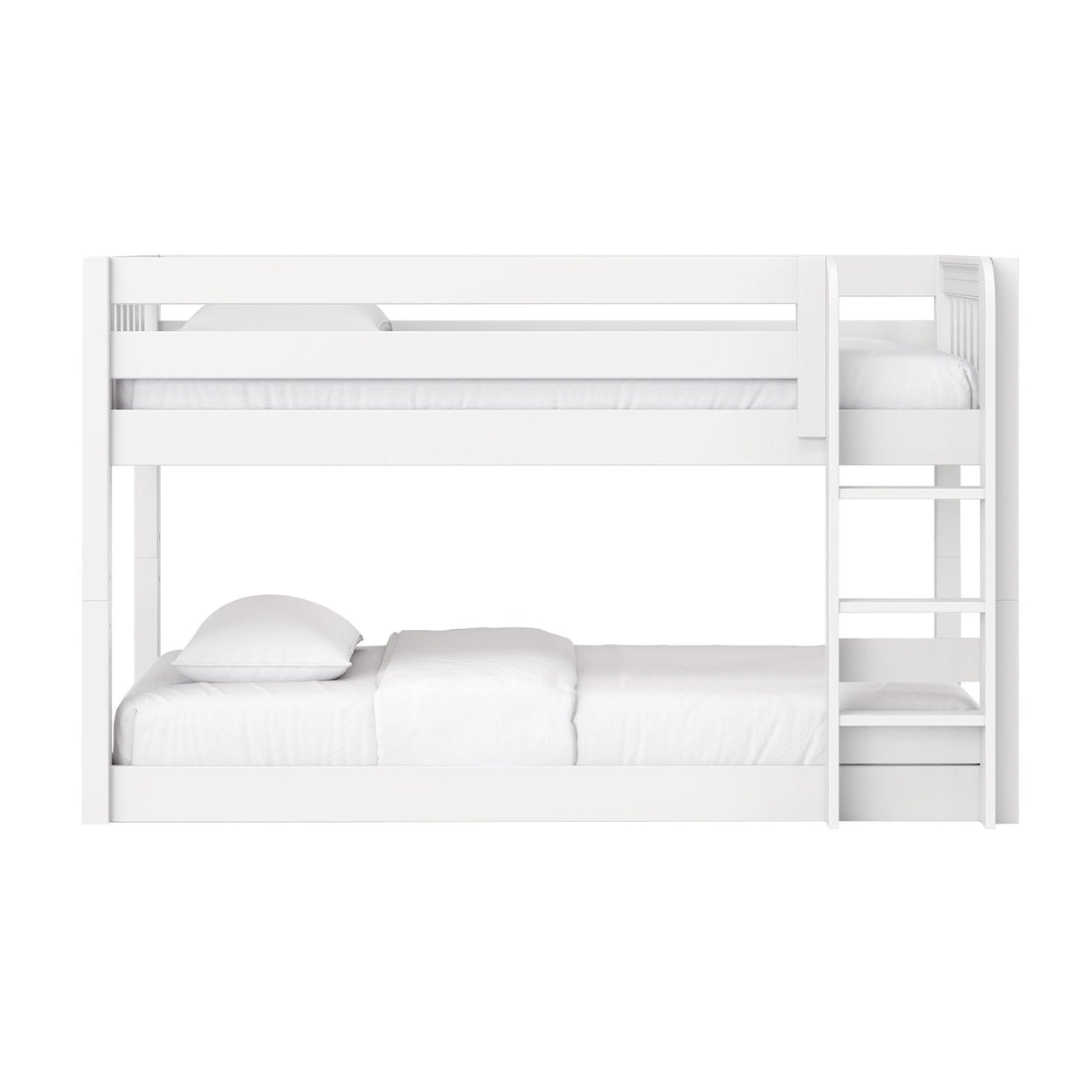 Modern white wooden bunk bed (twin-over-full) with ladder and safety guardrails, minimalist kids' bedroom furniture