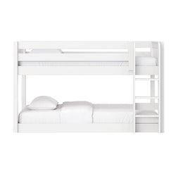 Modern white wooden bunk bed (twin-over-full) with ladder and safety guardrails, minimalist kids' bedroom furniture