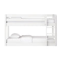 Modern white wooden bunk bed (twin-over-full) with ladder and safety guardrails, minimalist kids' bedroom furniture