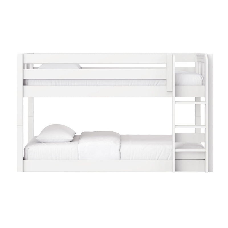Modern white wooden bunk bed (twin-over-full) with ladder and safety guardrails, minimalist kids' bedroom furniture