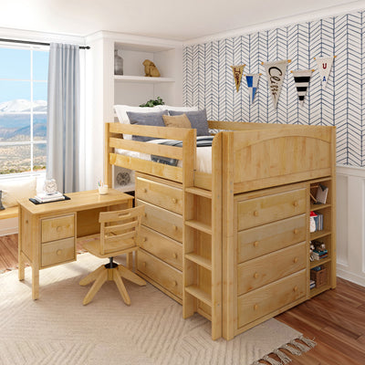 Wooden loft bed with integrated desk and storage drawers, perfect for optimizing space in a child's bedroom.