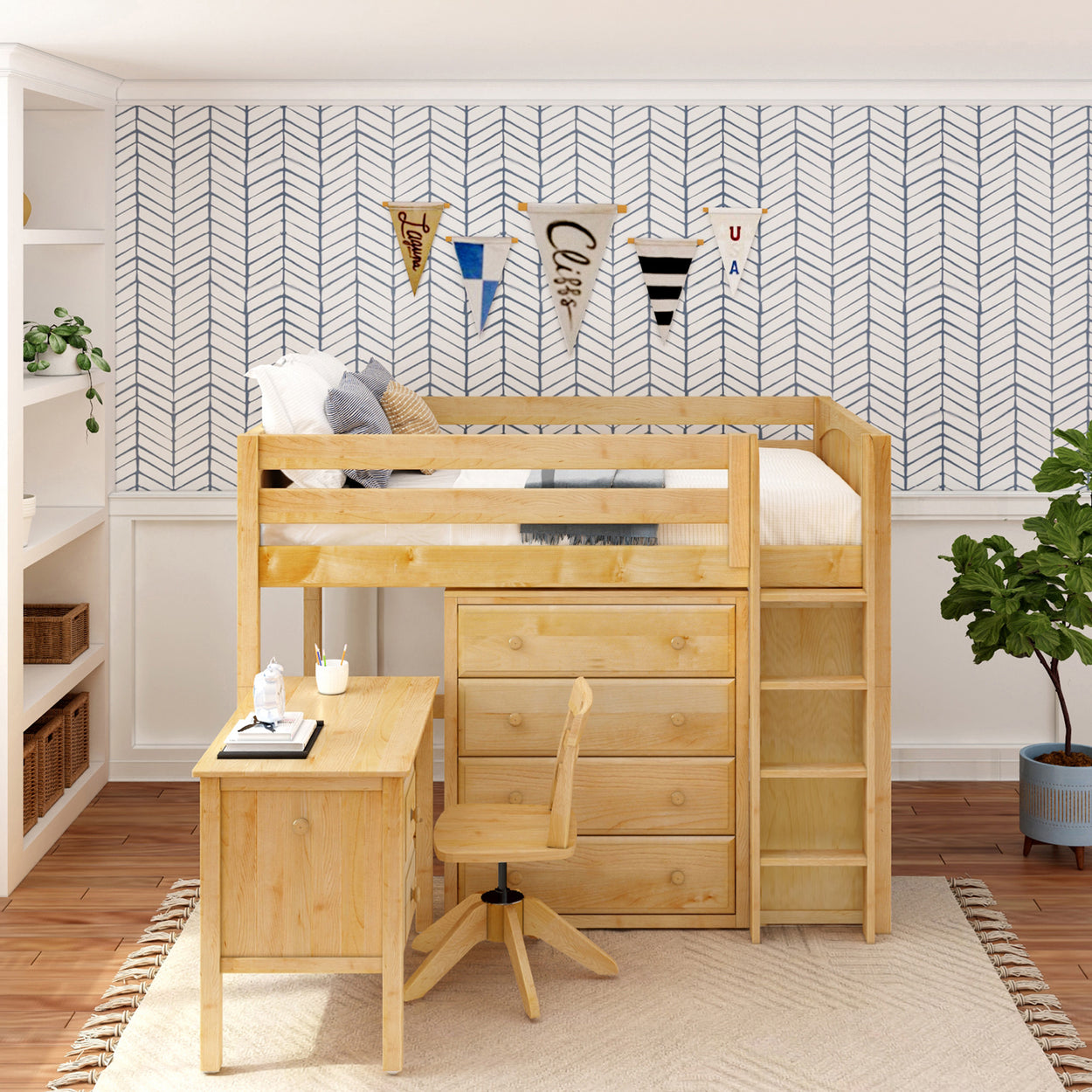 Stylish wooden loft bed with desk and storage drawers in a modern kids' bedroom.