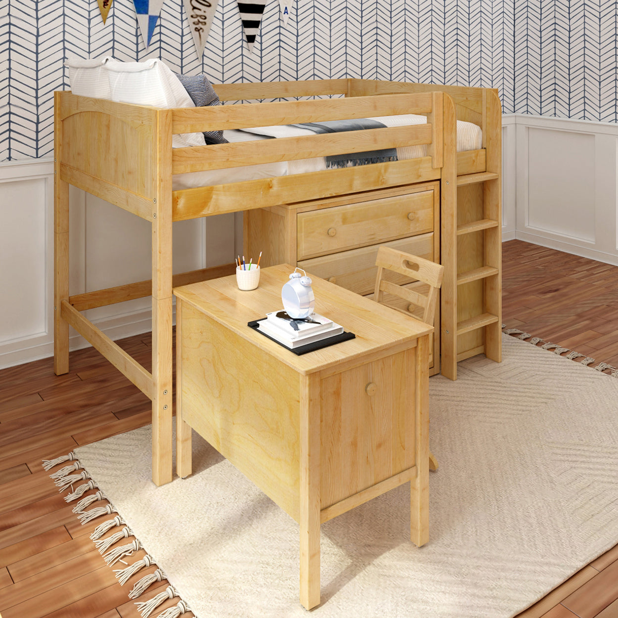 Wooden loft bed with desk and storage in a modern kid's bedroom.