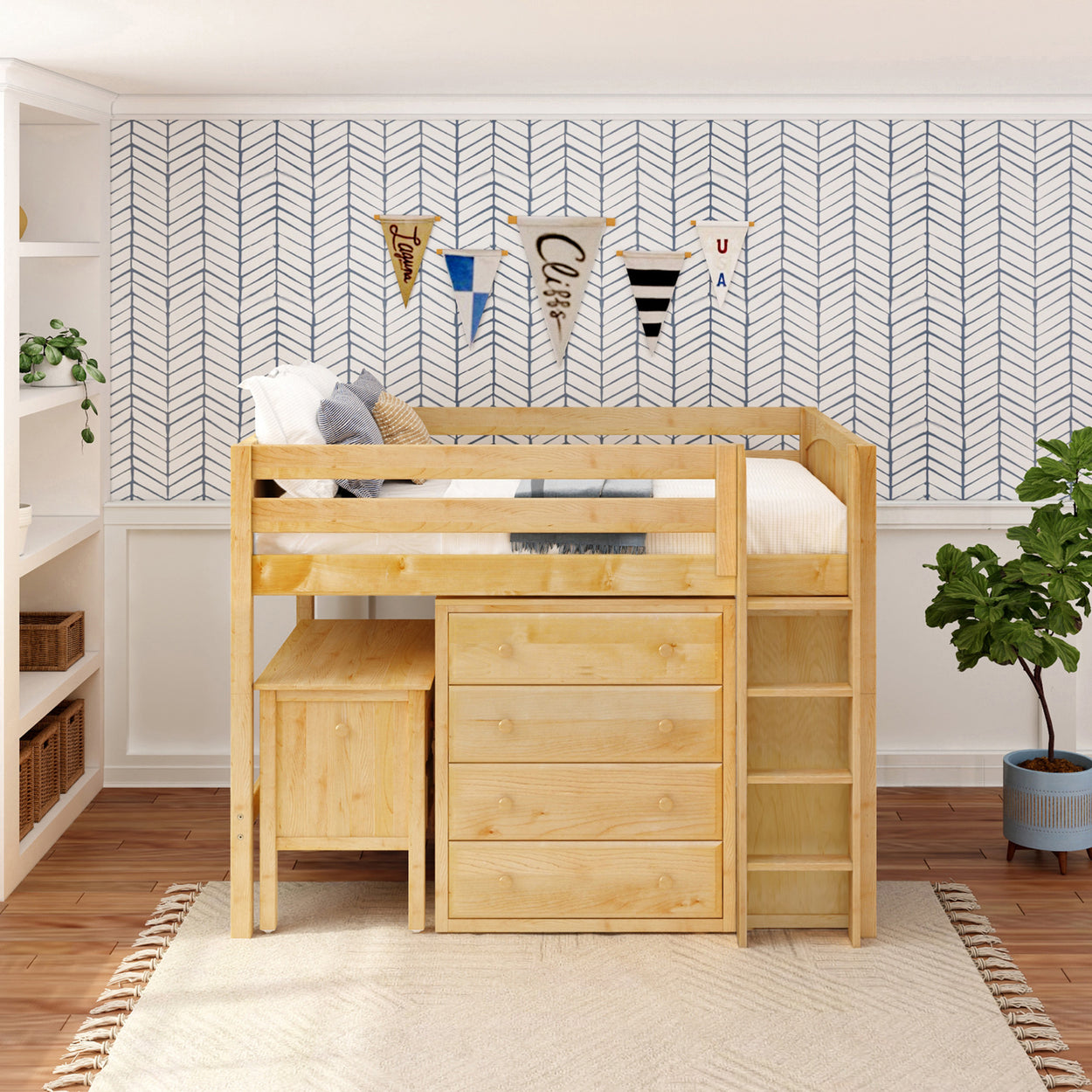 Wooden loft bed with built-in storage drawers and ladder in a cozy modern bedroom.