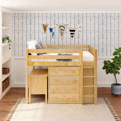 Wooden loft bed with built-in storage drawers and ladder in a cozy modern bedroom.