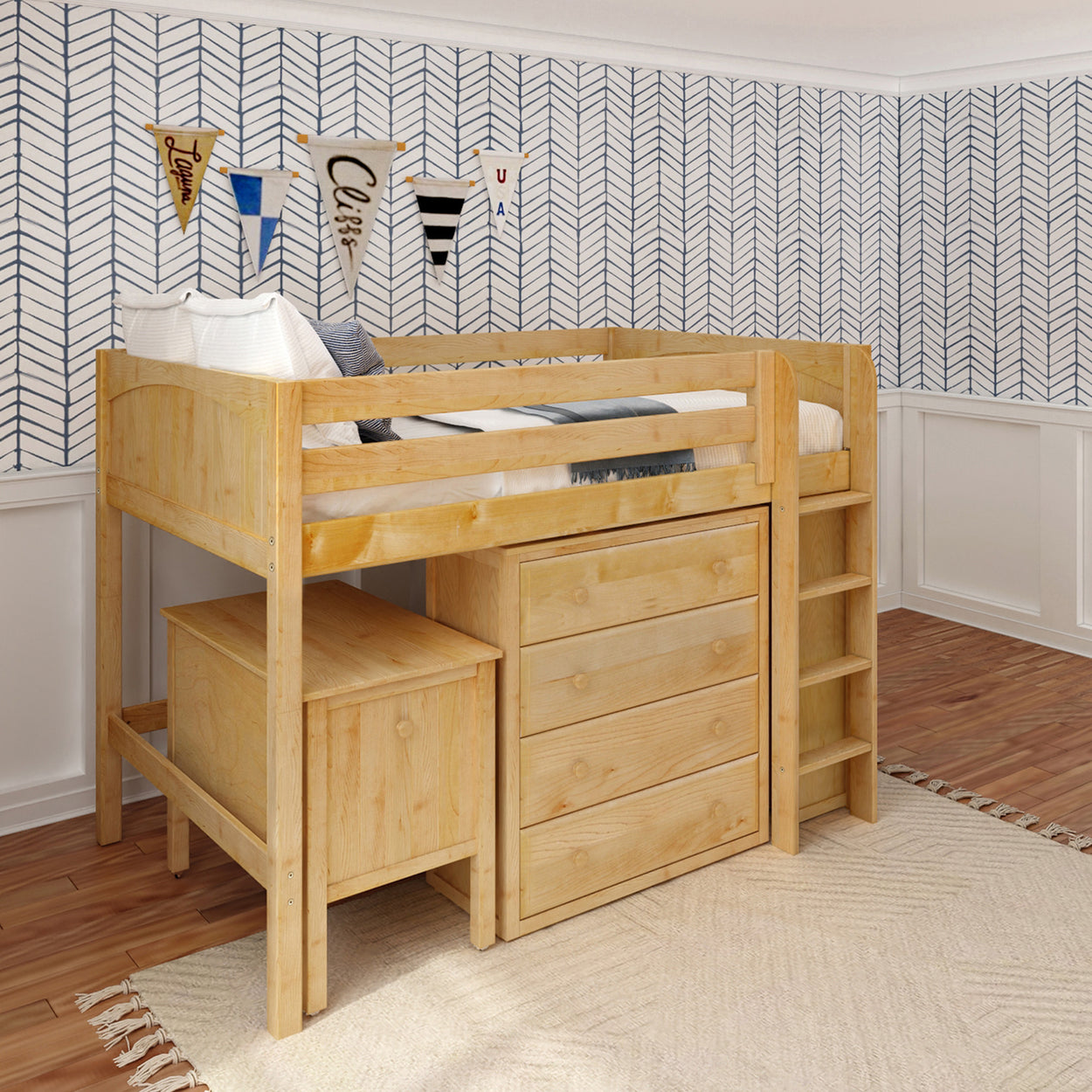 Wooden loft bed with dresser and ladder in stylish kids' room.