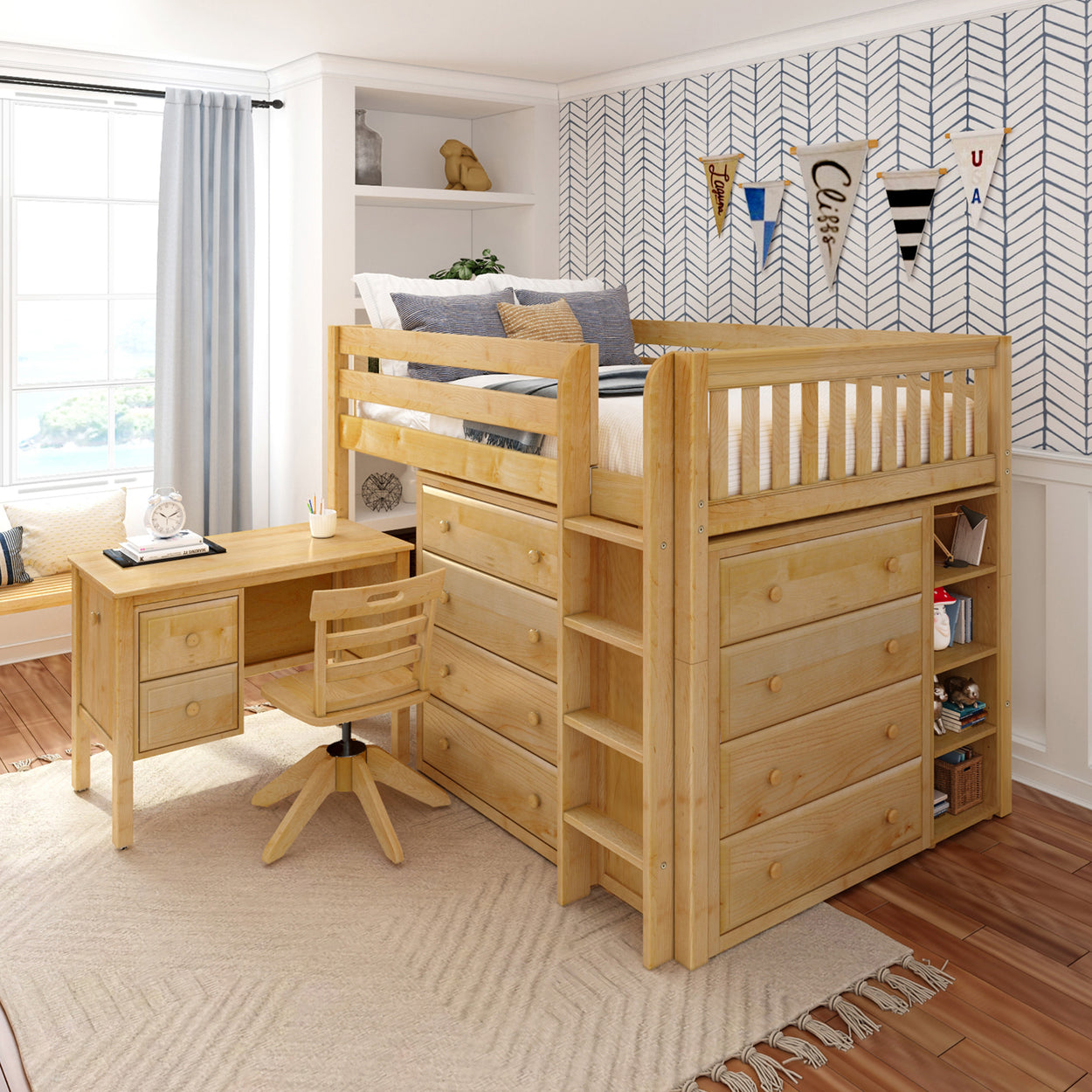 Wooden loft bed with built-in desk, drawers, and shelves in a modern bedroom.