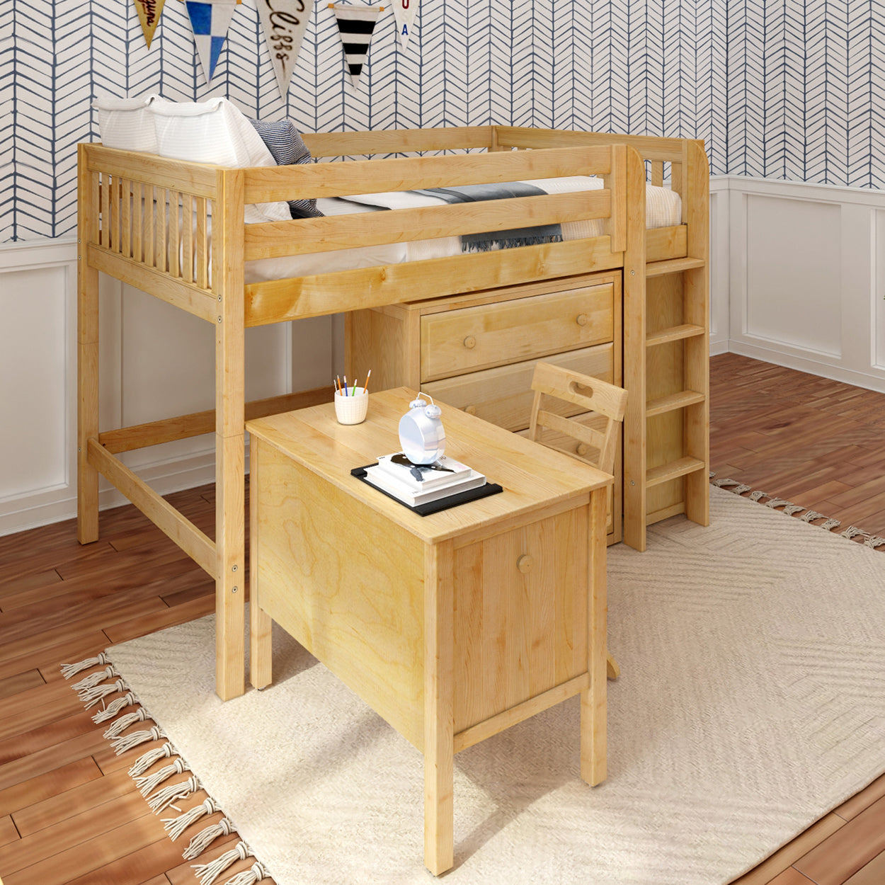 Wooden loft bed with desk and chair setup in a kids' bedroom, ideal for maximizing space and storage.