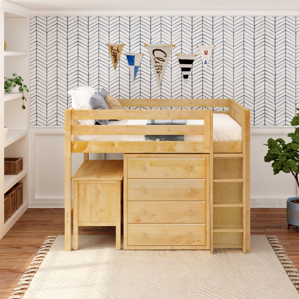 Wooden loft bed with integrated storage drawers and ladder in a modern kids' bedroom.
