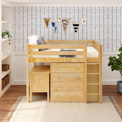 Wooden loft bed with integrated storage drawers and ladder in a modern kids' bedroom.