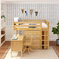 Kids loft bed with built-in desk and drawers in Scandinavian-style bedroom with blue chevron wallpaper, pennant wall flags, pillows and indoor plants