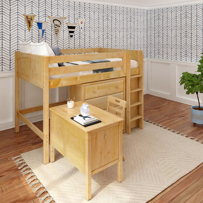 KING13 NP : Storage & Study Loft Beds Full Mid Loft w/ Straight ladder, 4 drawer dressers, 2 drawer student desk, 52.5" Mid Bookcase, Panel, Natural