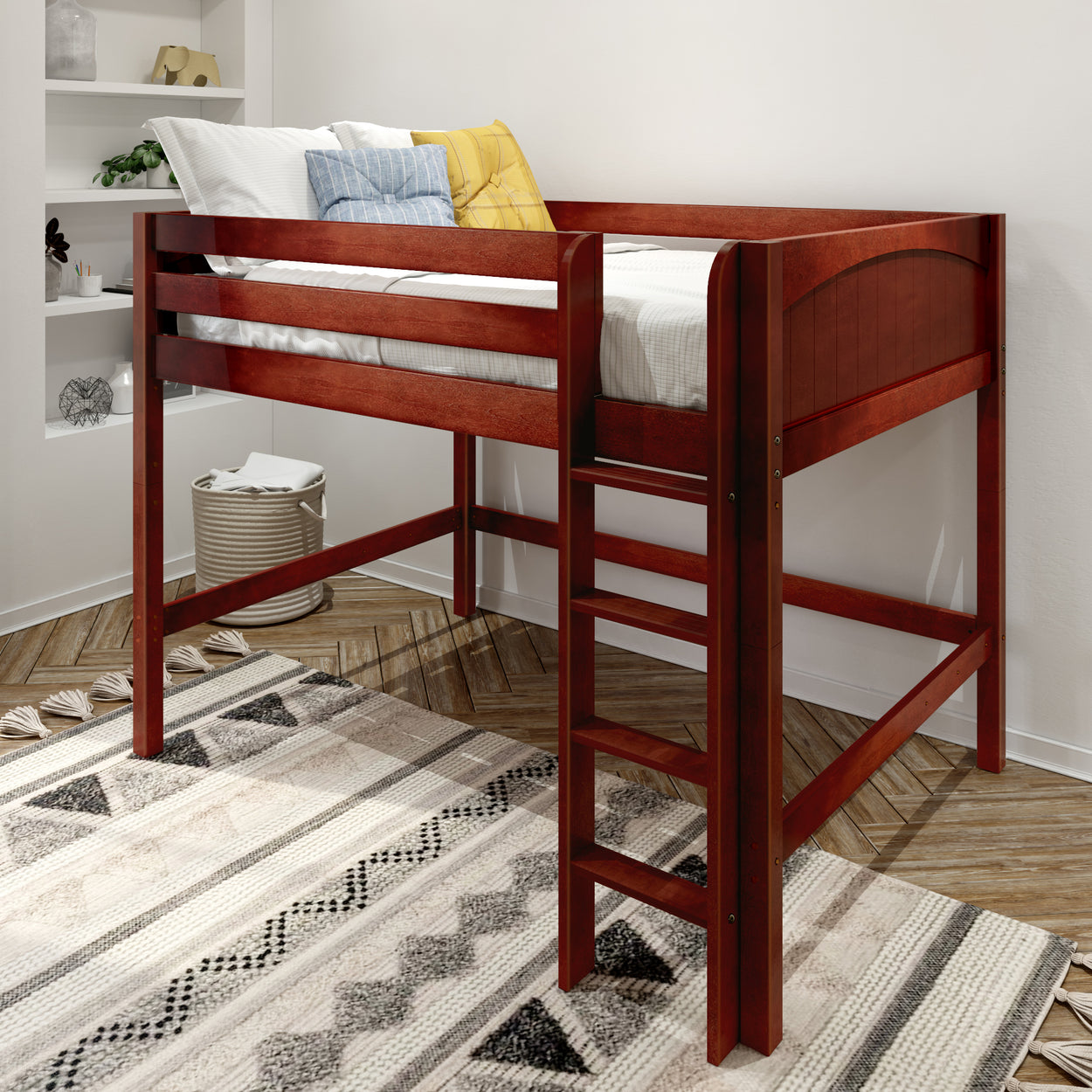Red wooden loft bed with ladder in modern bedroom setting.