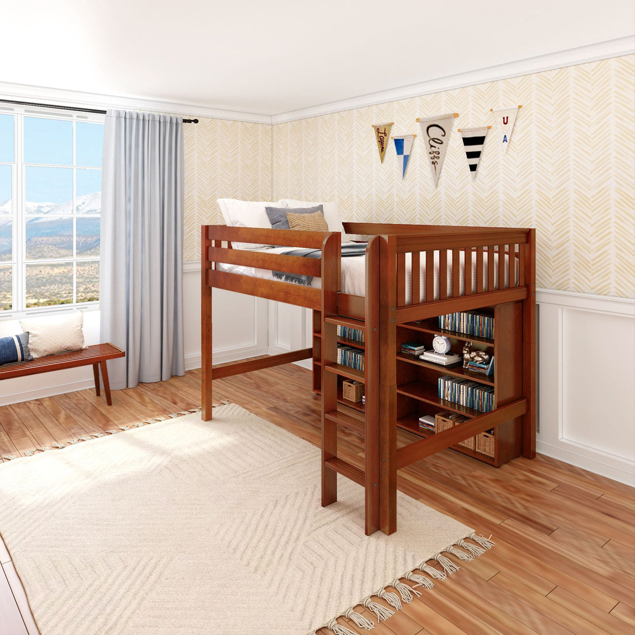Wooden loft bed with storage shelves in a bright bedroom featuring large windows and chevron-patterned wallpaper.