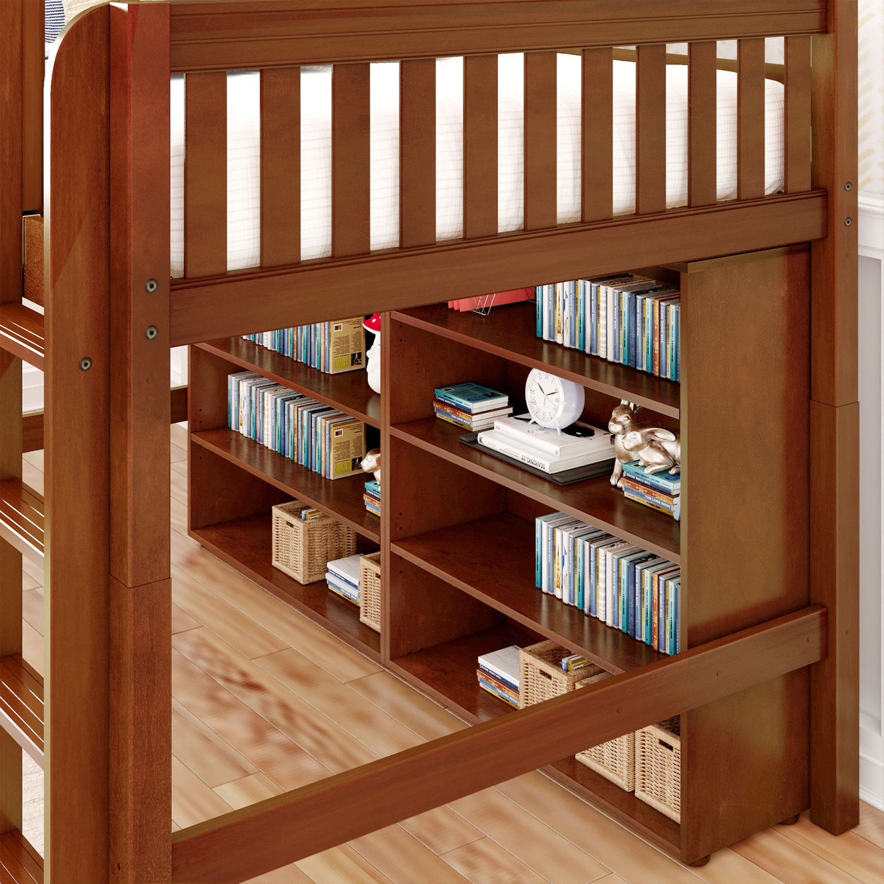 Wooden loft bed with integrated bookcase and decorative clock.