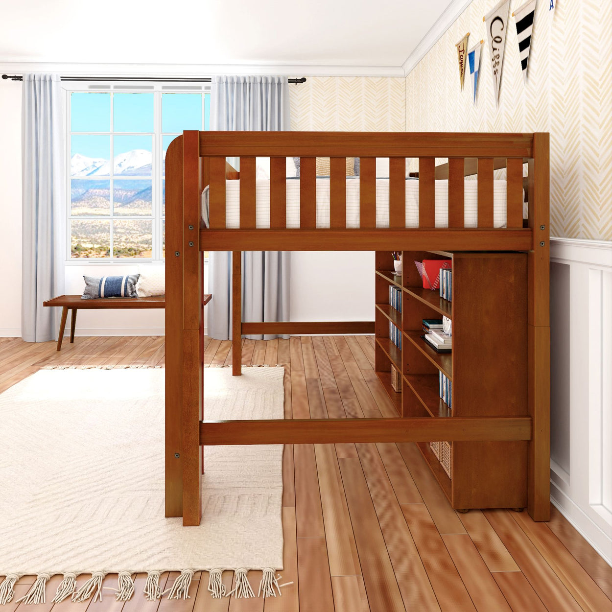Wooden loft bed with integrated bookshelf in a bright, modern bedroom featuring hardwood floors and a scenic window view.