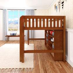 Wooden loft bed with integrated bookshelf in a bright, modern bedroom featuring hardwood floors and a scenic window view.
