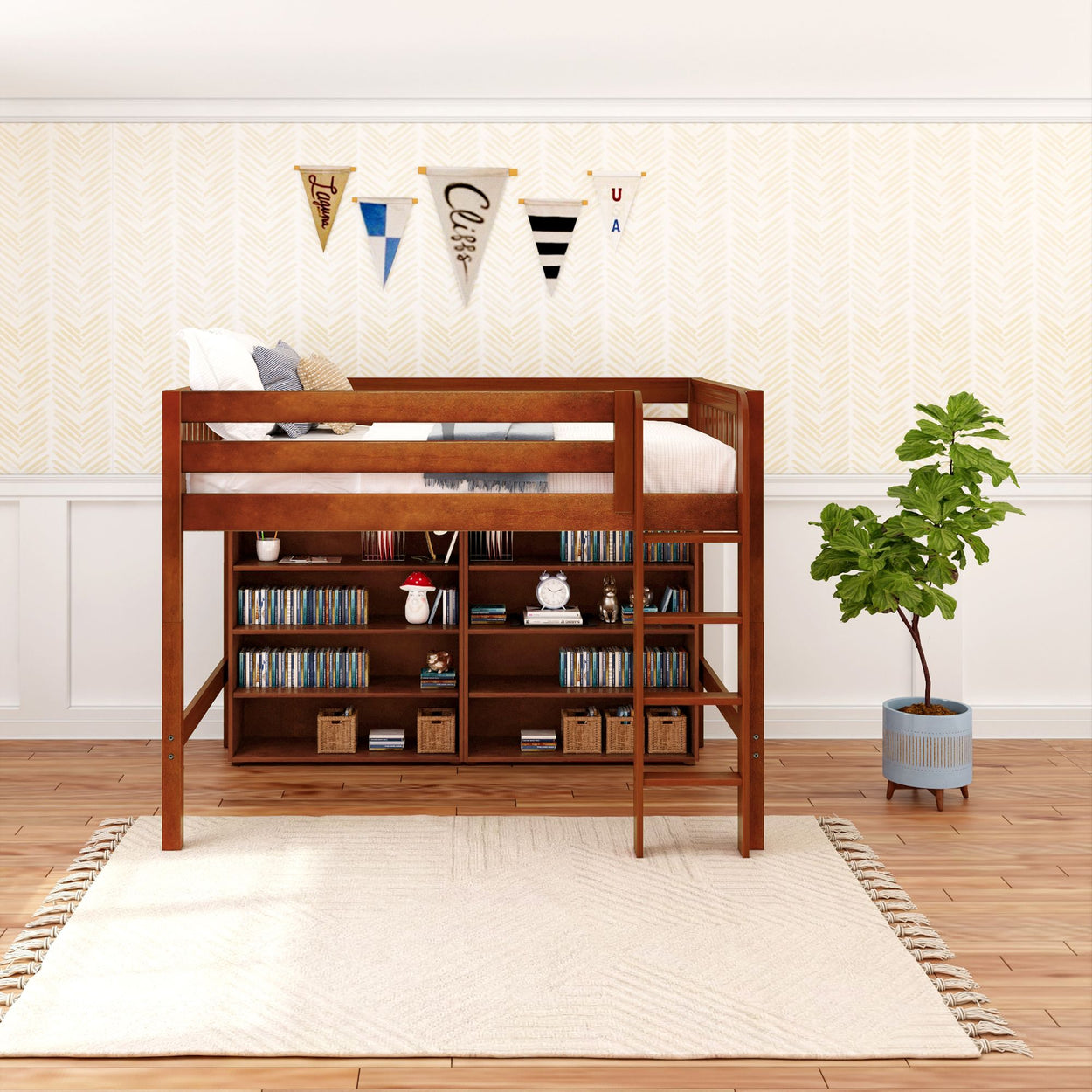 Loft bed with integrated bookshelf and cozy decor in a modern bedroom setup.