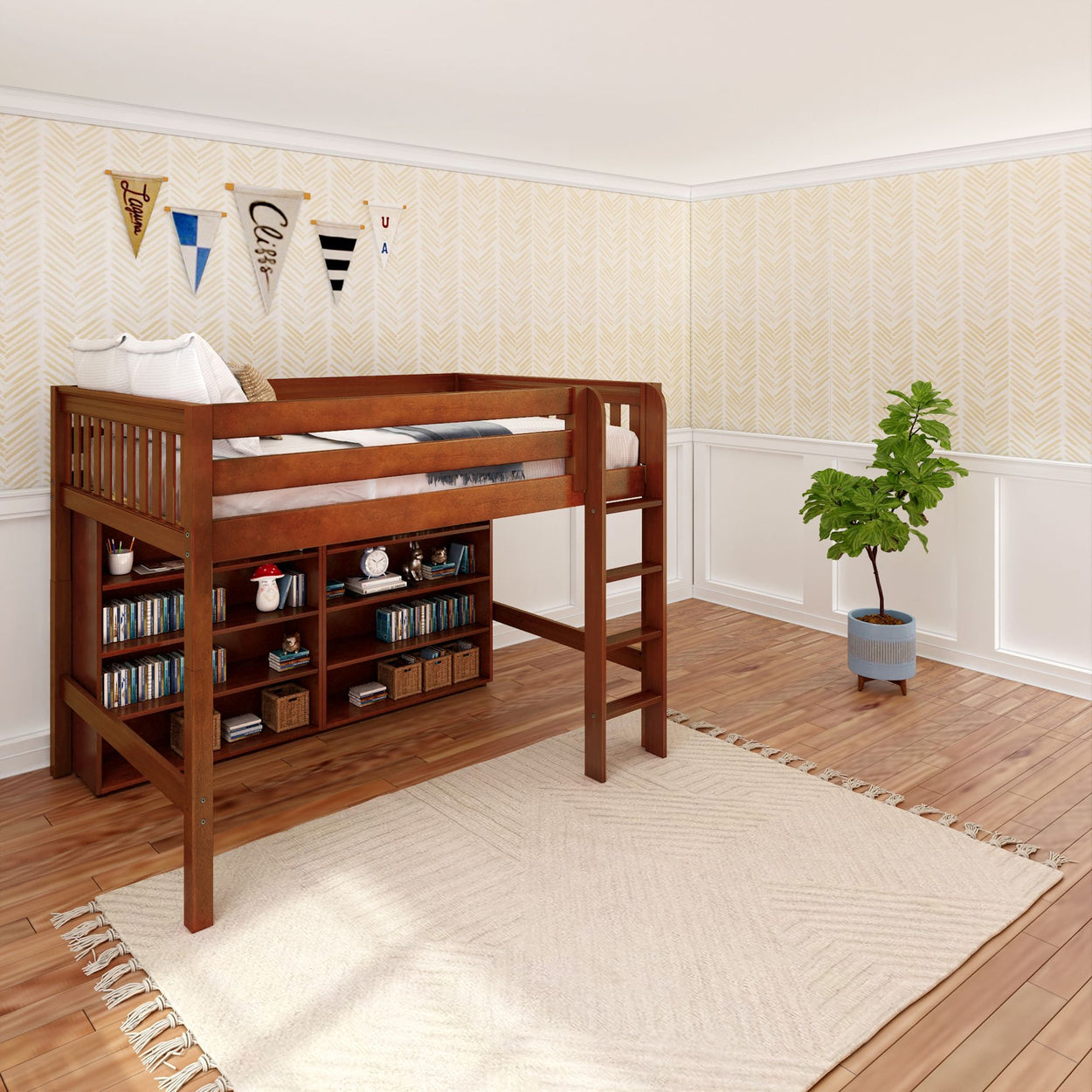 Loft bed with wooden frame and built-in bookshelf in modern minimalist bedroom.