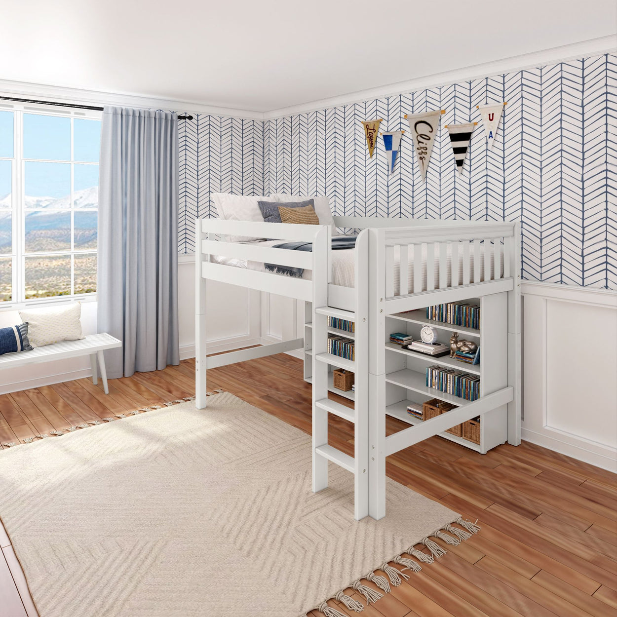 Modern kids' room with white loft bed, built-in shelves, and stylish geometric wallpaper.