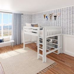 Modern kids' room with white loft bed, built-in shelves, and stylish geometric wallpaper.