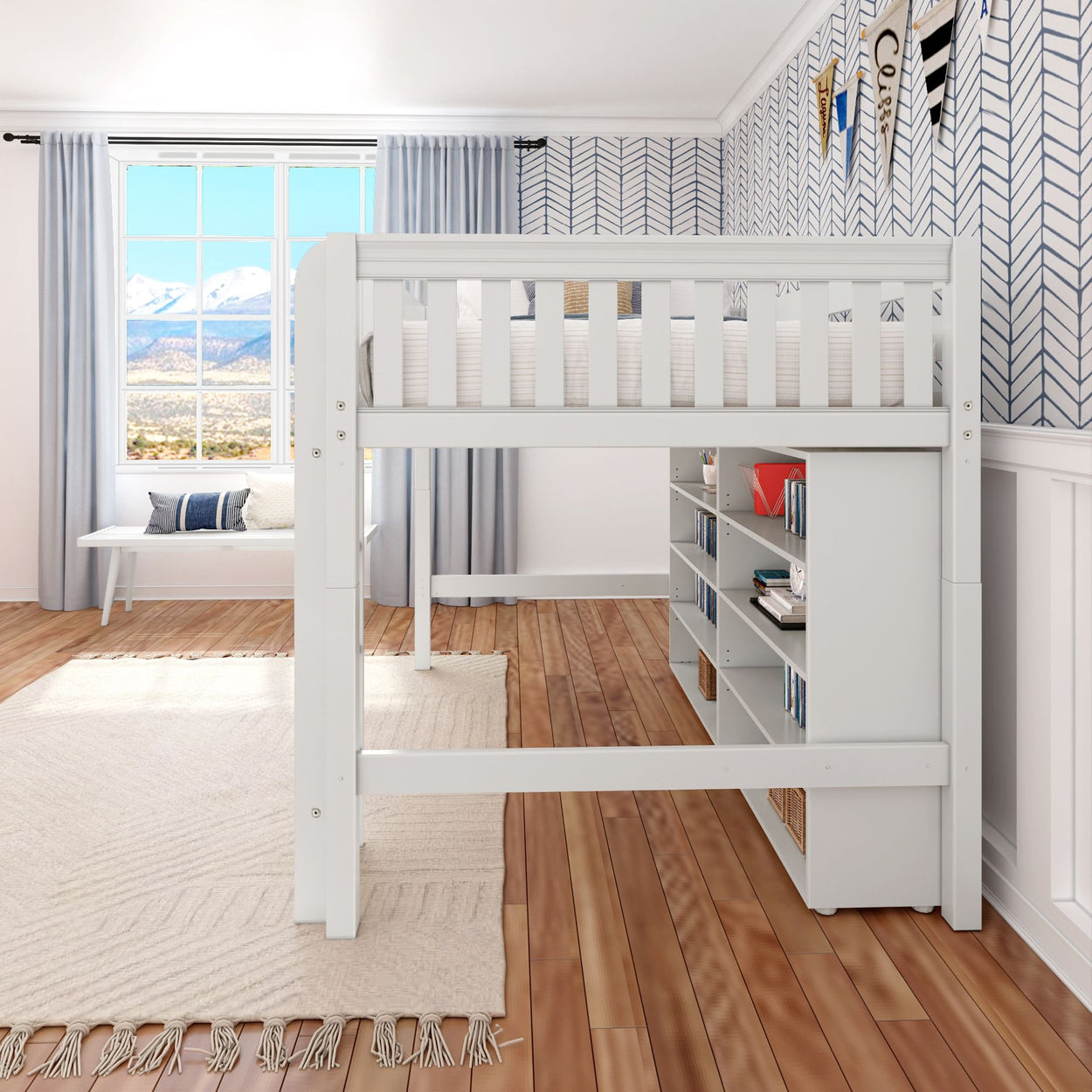 White loft bed with bookshelves in a modern kids' bedroom with mountain view window.