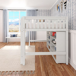 White loft bed with bookshelves in a modern kids' bedroom with mountain view window.