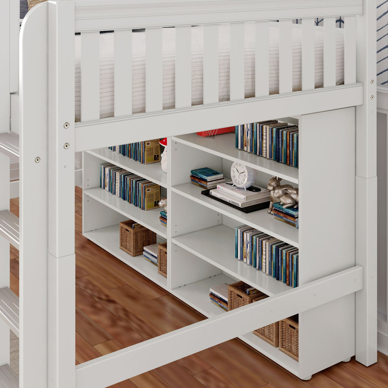 White loft bed with integrated bookshelf storage on wooden floor.