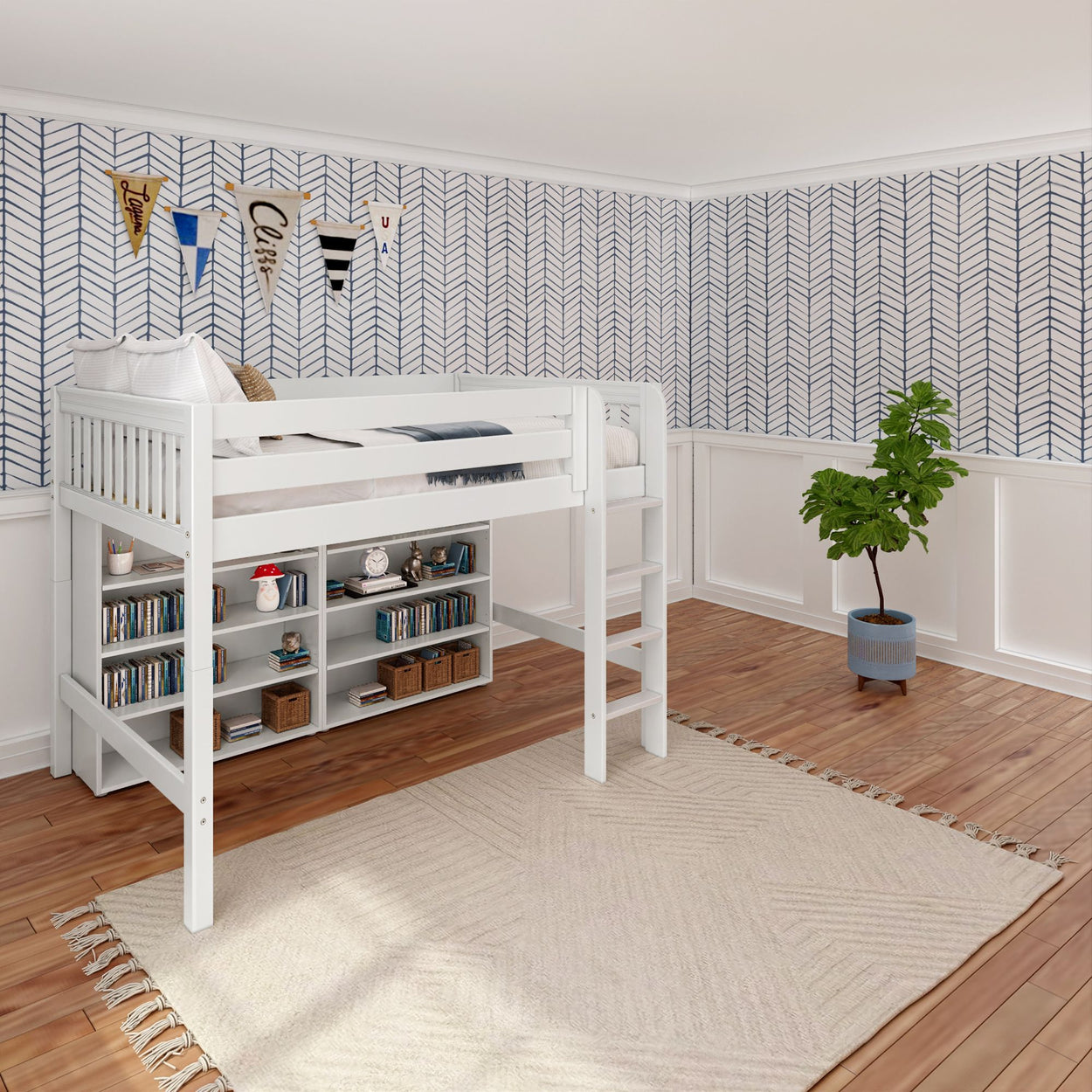 White loft bed with bookshelves and decorative wall in modern kids' bedroom.