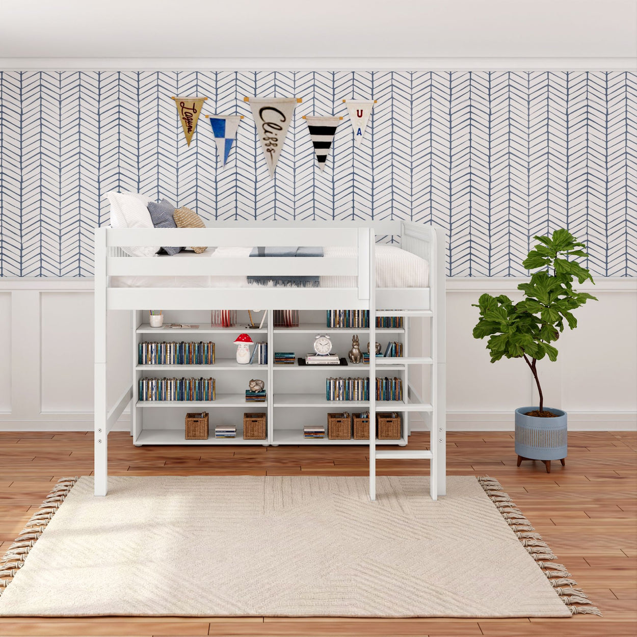 Stylish loft bed with bookshelf storage, patterned wall design, and indoor plant in a modern bedroom.