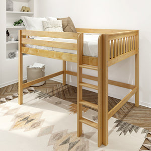 Natural wood loft bed with ladder, white linens and neutral pillows in a modern children's bedroom with boho rug, woven basket and built-in shelves