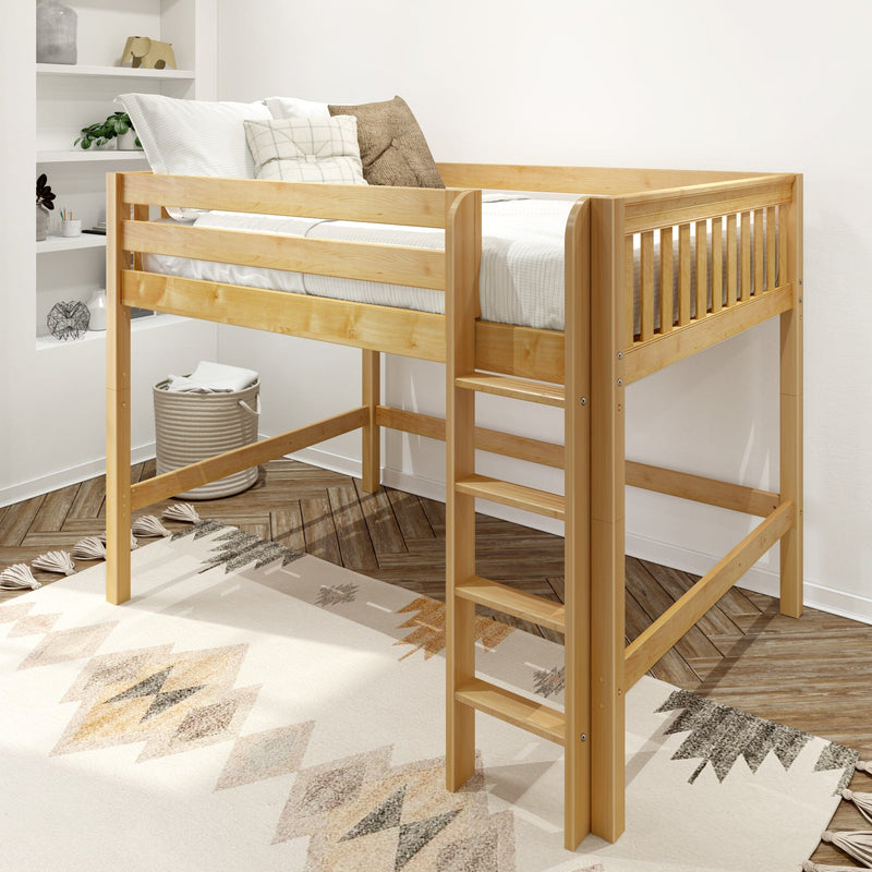Natural wood loft bed with ladder, white linens and neutral pillows in a modern children's bedroom with boho rug, woven basket and built-in shelves