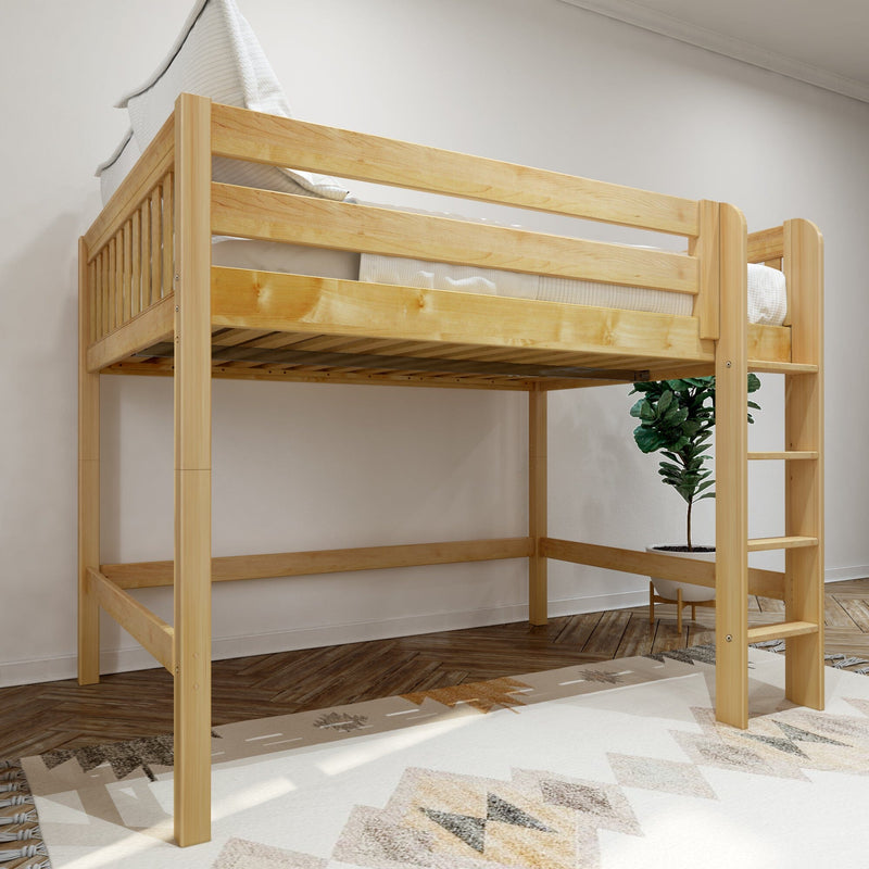 Natural pine loft bed with ladder and safety rails, twin mattress with white bedding over open under-bed workspace, styled in a modern small bedroom with herringbone wood floor, patterned area rug and potted plant.