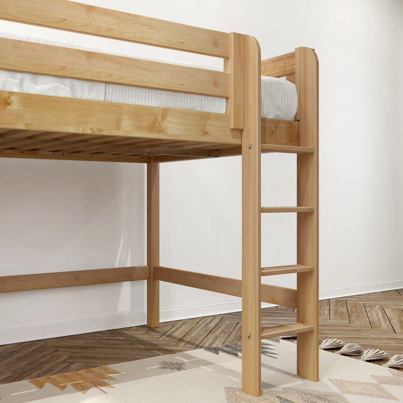 Light wood loft bed with built-in ladder and safety guardrail, mattress on raised wooden frame above herringbone parquet floor — space-saving children’s loft bed in Scandinavian minimalist style