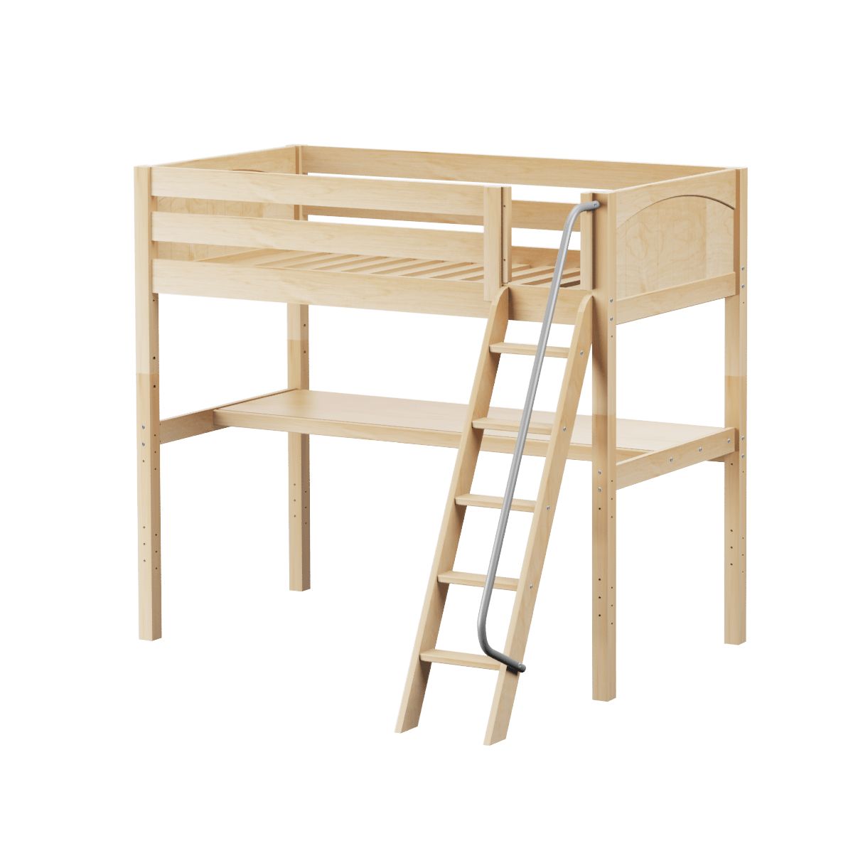 Light natural wood loft bed with angled ladder, slatted guardrails and built-in lower desk shelf — space-saving kids and teen bedroom solution