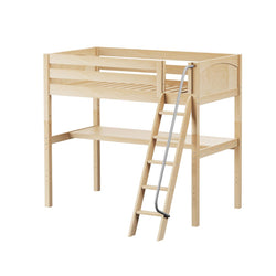 Light natural wood loft bed with angled ladder, slatted guardrails and built-in lower desk shelf — space-saving kids and teen bedroom solution